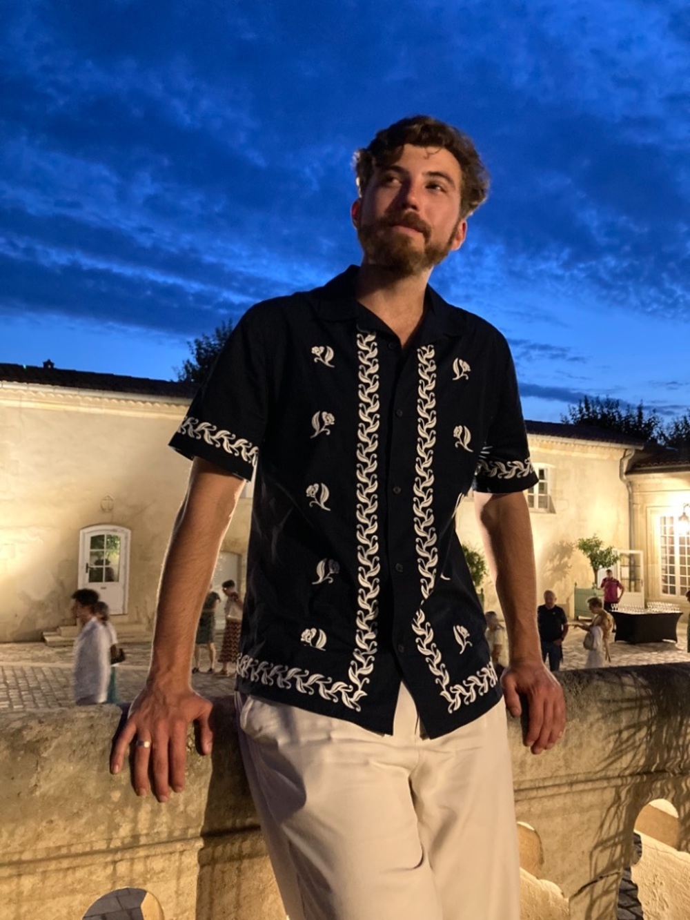 in search of Wax London Didcot Short Sleeve Shirt in Navy Border Embroidery